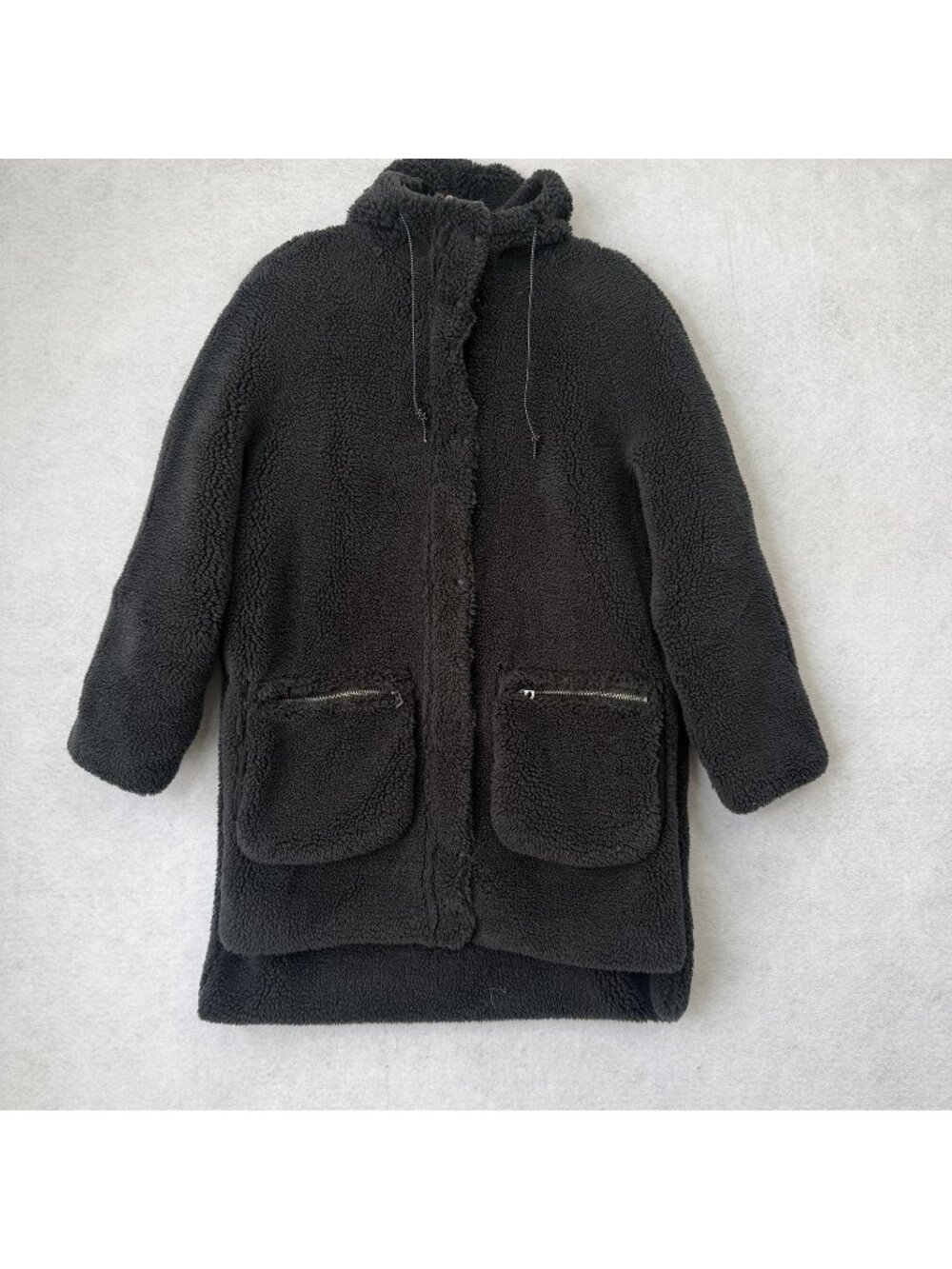 Dylan Coat Womens Medium Black Faux Fur Fleece Hooded Zip Pockets Mid Length